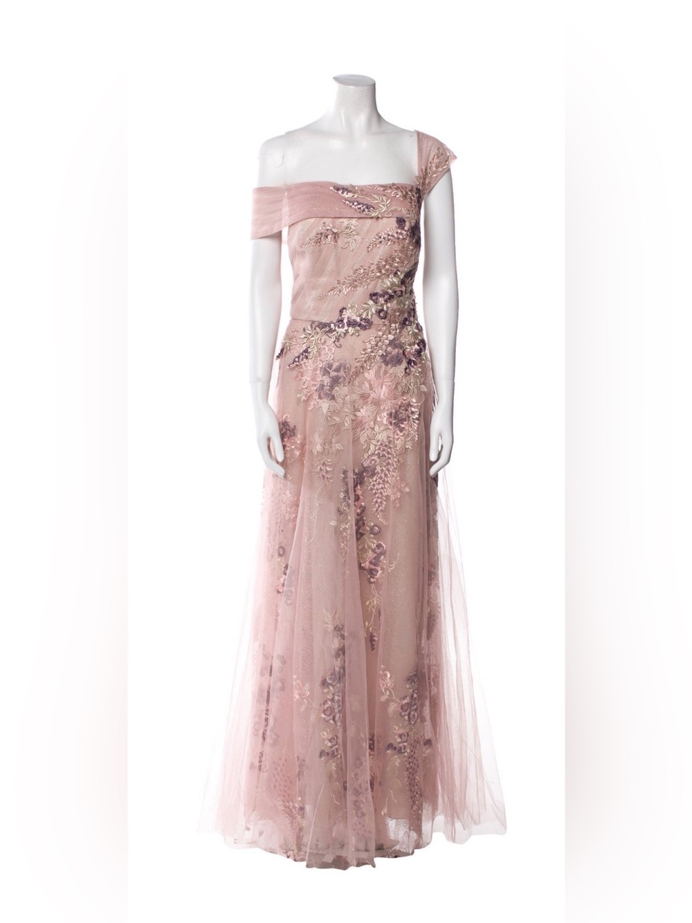 Teri Jon Dusty Rose One-Shoulder Embroidered Tulle Gown